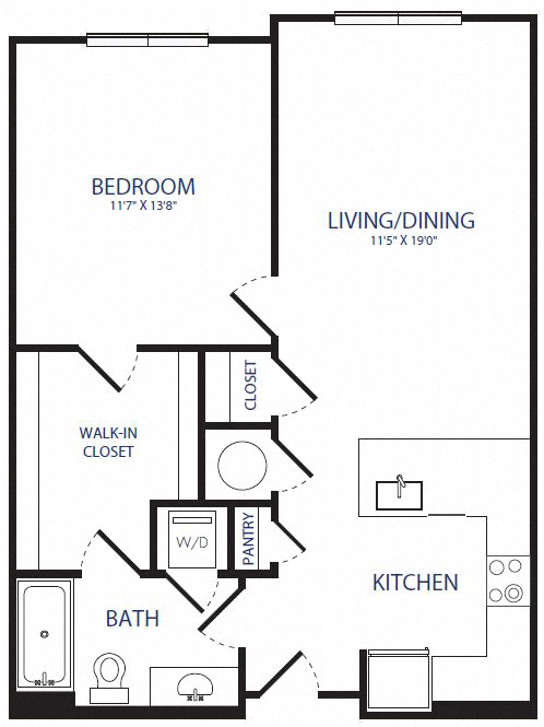 Floor plan for 1 bed, 1 bath, 779 sqft